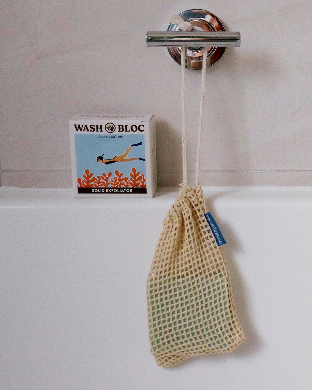 Wash Bloc Exfoliator & Saver Bag in the bath